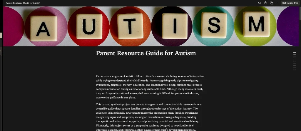 Parent Resource Guide for Autism Notion page